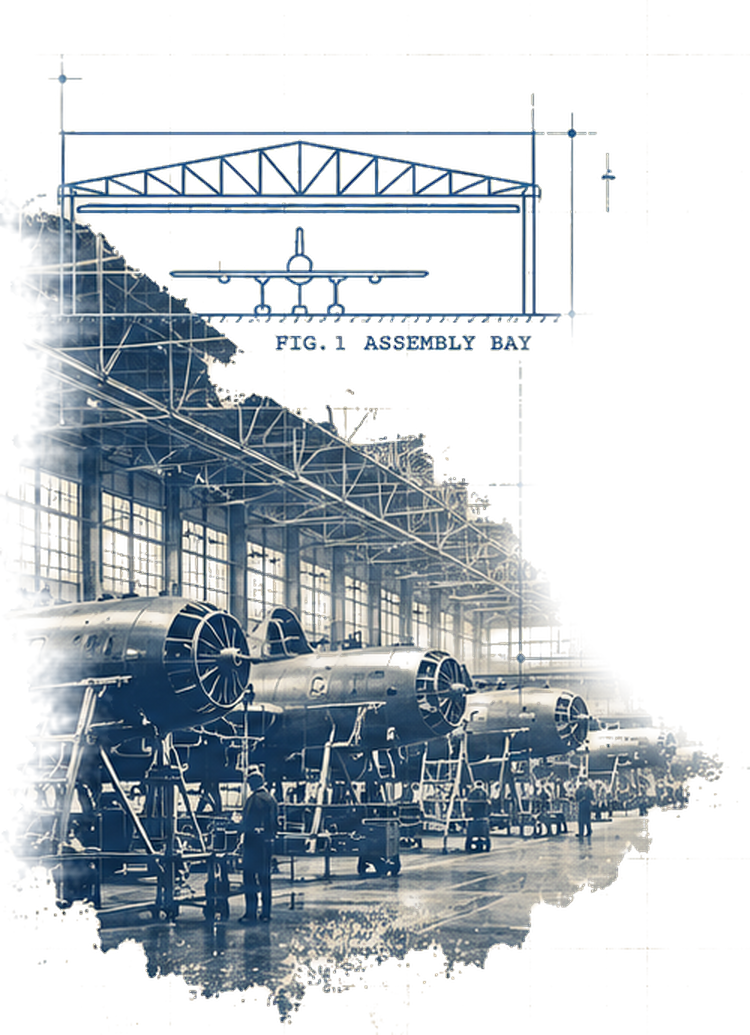 Illustration of bombers lined up on a factory assembly floor, with a line drawing of the assembly bay above.