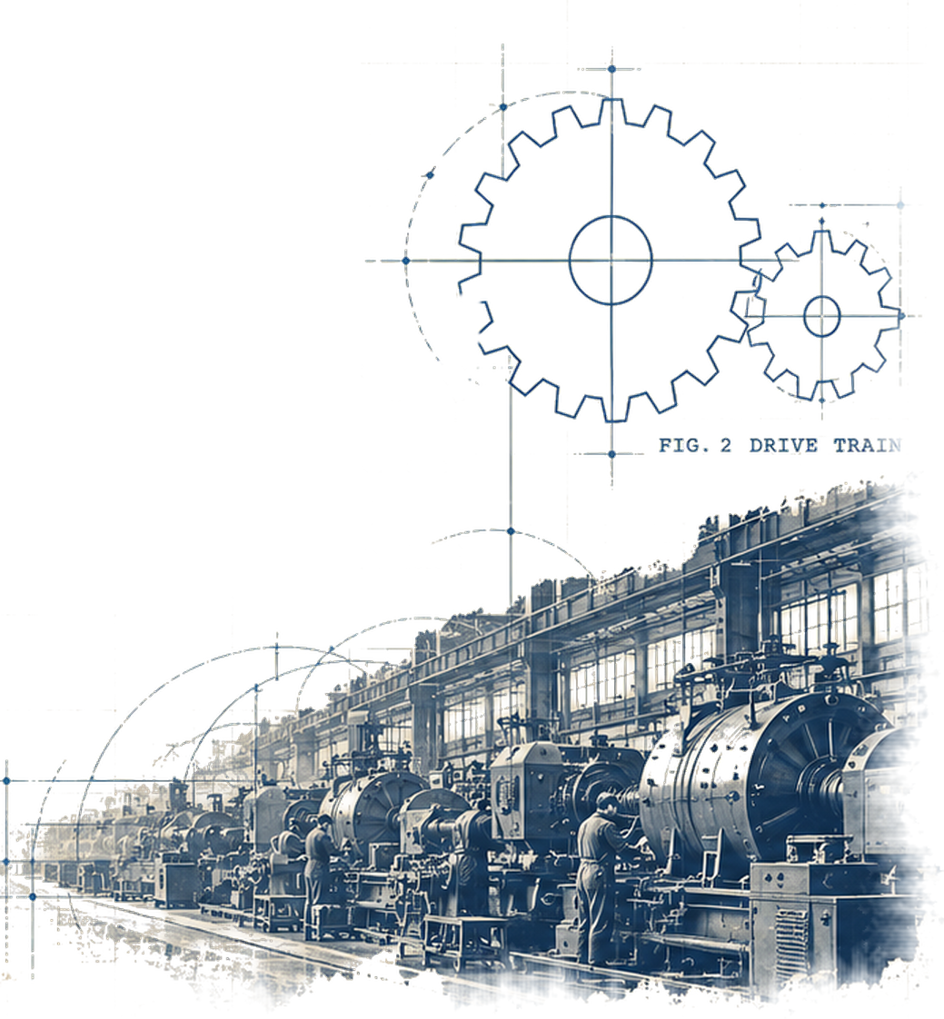 Illustration of a gear-train drawing above a row of lathes and machinists on a shop floor.